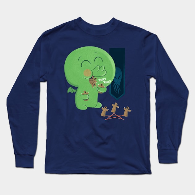 Cutethulhu Likes To Necronomnomnom Long Sleeve T-Shirt by Queenmob